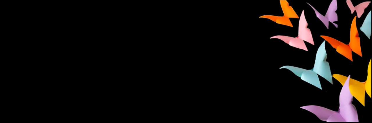 Origami butterflies in purple, blue, prink, orange and yellow on a black background